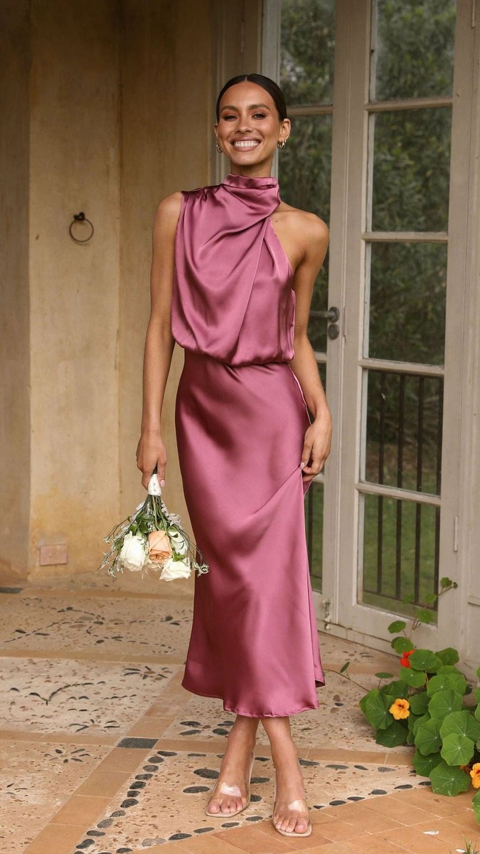 Women's Satin High-Neck Sleeveless Midi Formal Dress