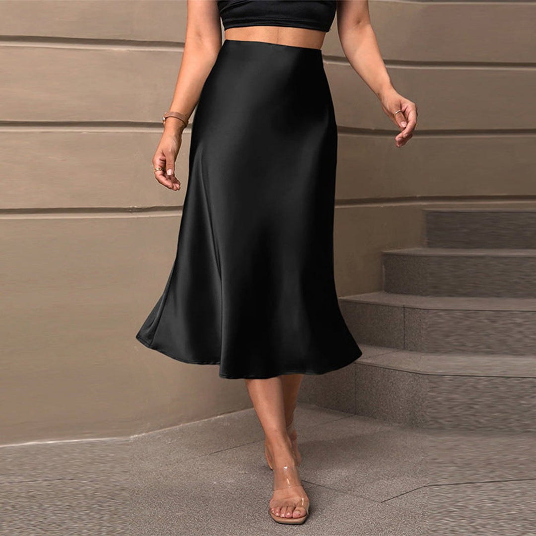 Women's Satin High-Waist Flowy Fall Midi Skirt