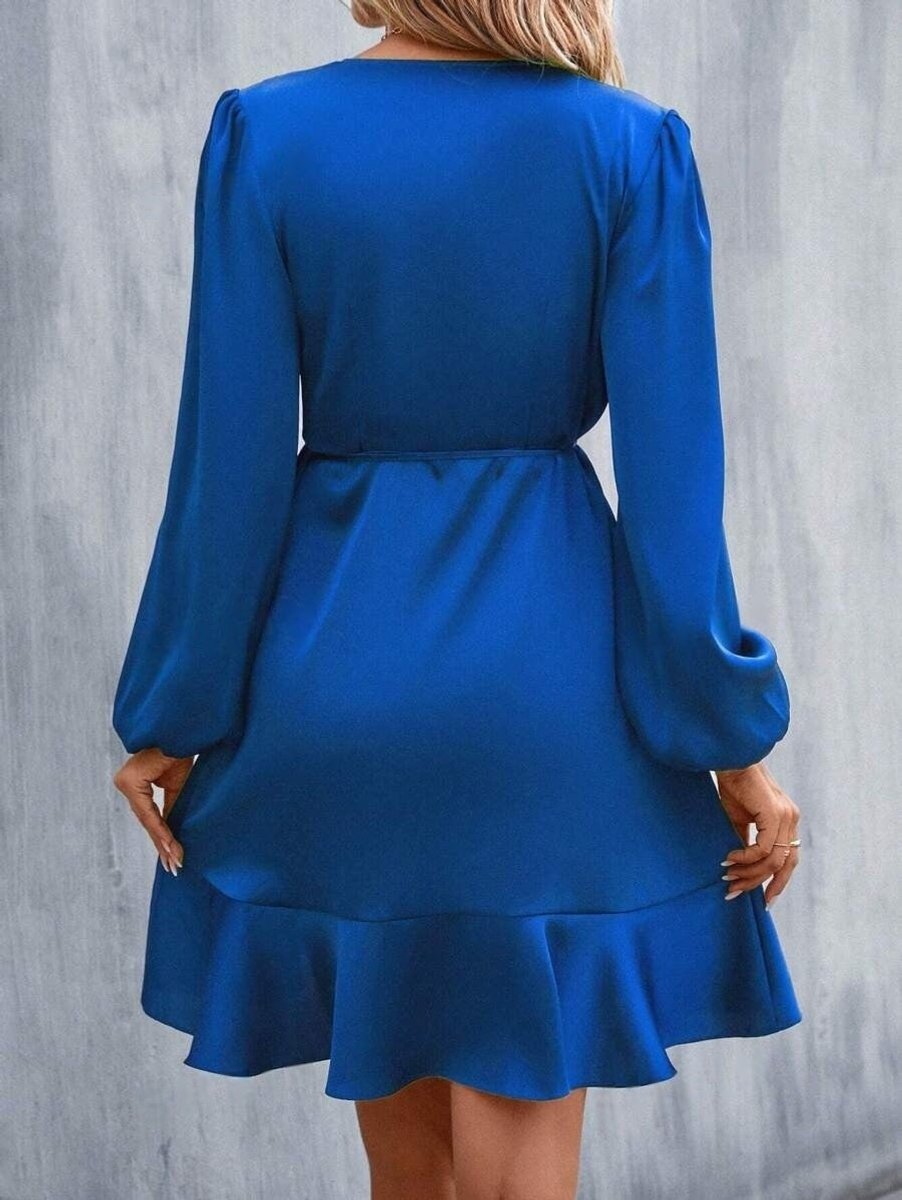 Women's Satin Long Sleeve V-Neck Fall Midi Dress Ruffle Hem