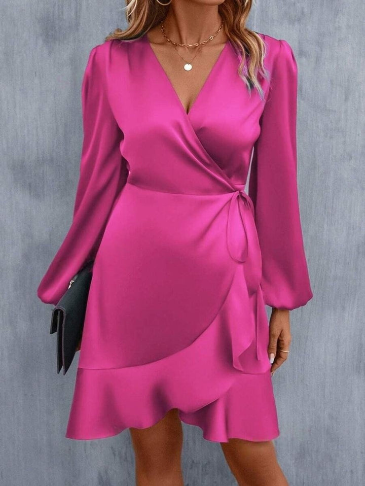 Women's Satin Long Sleeve V-Neck Fall Midi Dress Ruffle Hem