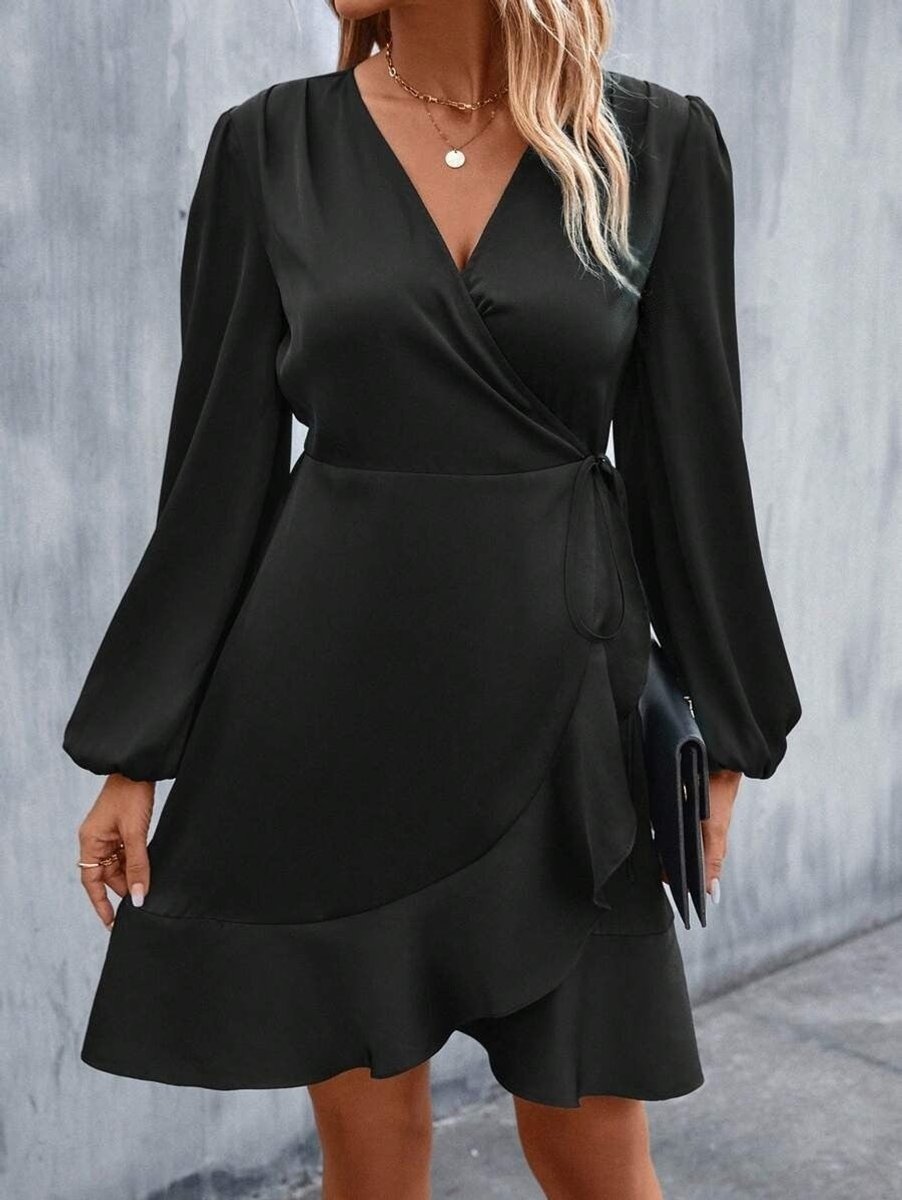 Women's Satin Long Sleeve V-Neck Fall Midi Dress Ruffle Hem