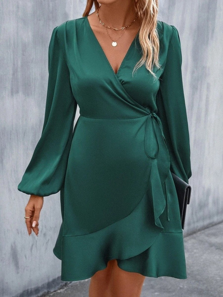 Women's Satin Long Sleeve V-Neck Fall Midi Dress Ruffle Hem