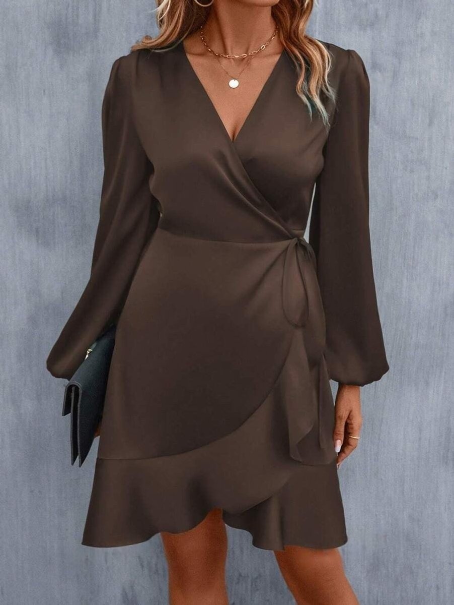 Women's Satin Long Sleeve V-Neck Fall Midi Dress Ruffle Hem