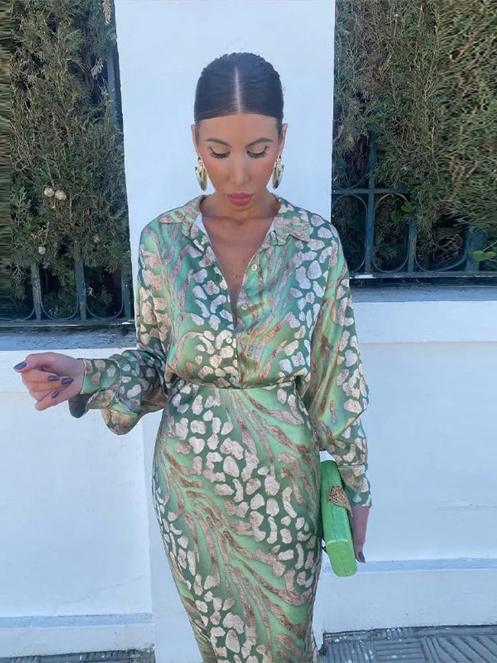 Women's Satin Long Sleeve V-Neck Printed Fall Midi Dress
