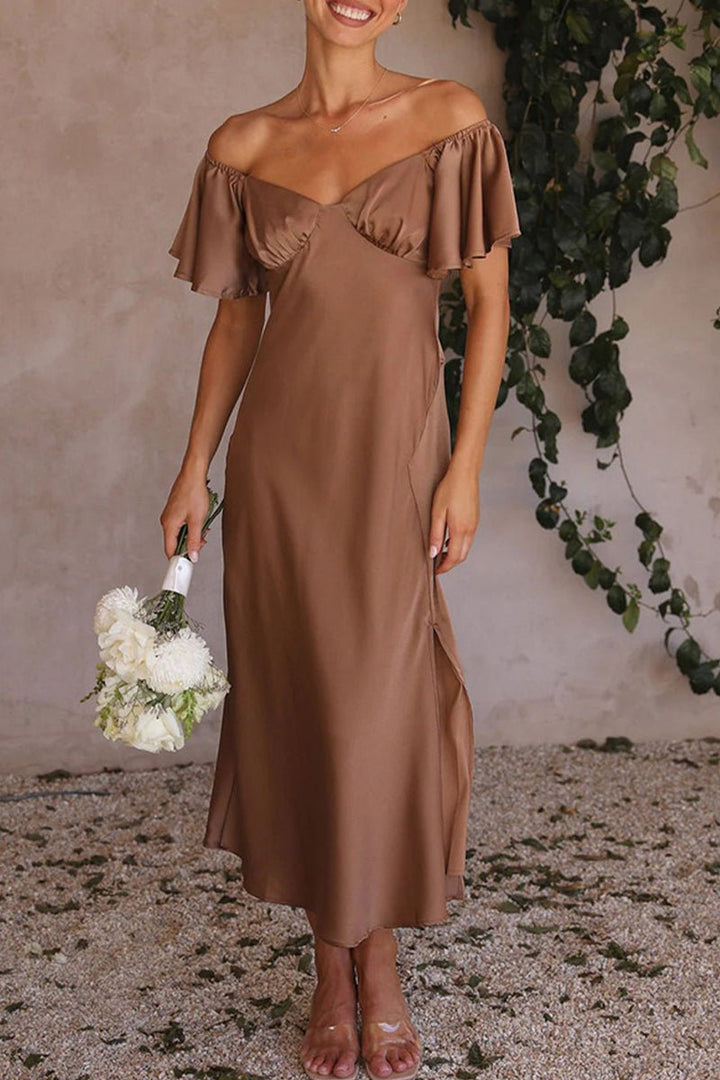 Women's Satin Off-Shoulder Ruffled Midi Formal Dress