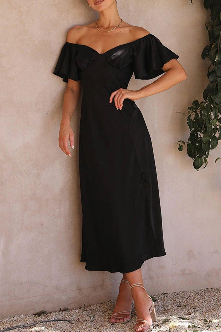 Women's Satin Off-Shoulder Ruffled Midi Formal Dress