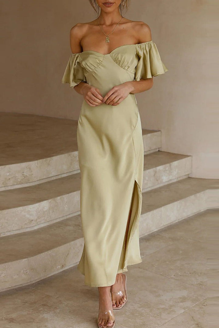 Women's Satin Off-Shoulder Ruffled Midi Formal Dress