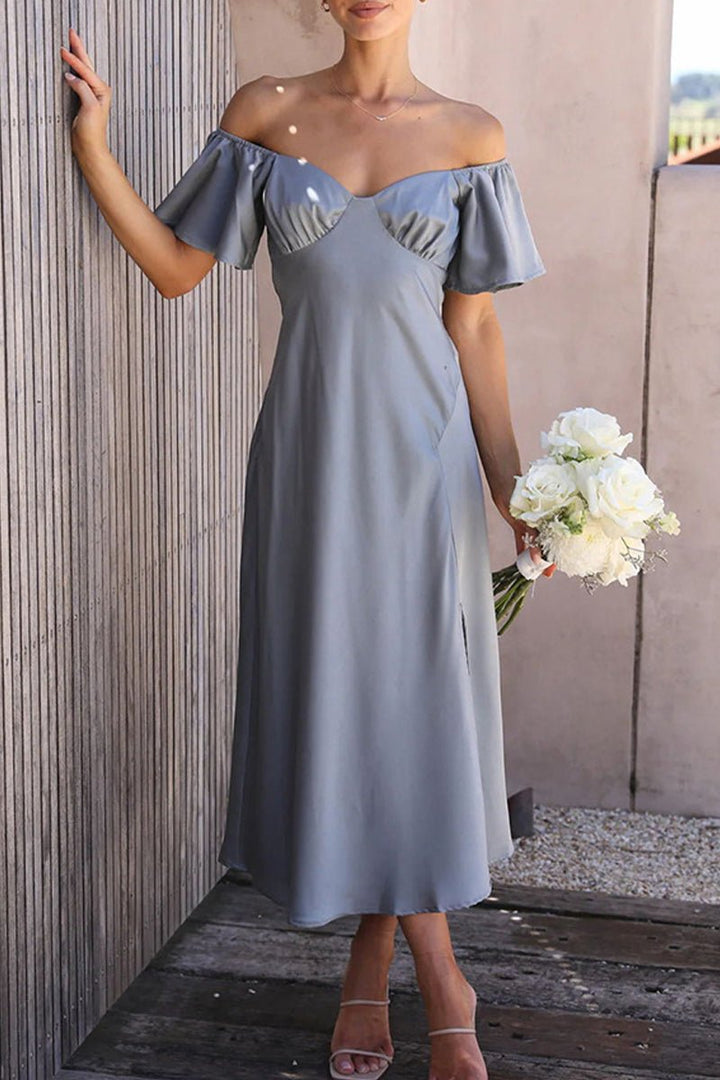 Women's Satin Off-Shoulder Ruffled Midi Formal Dress