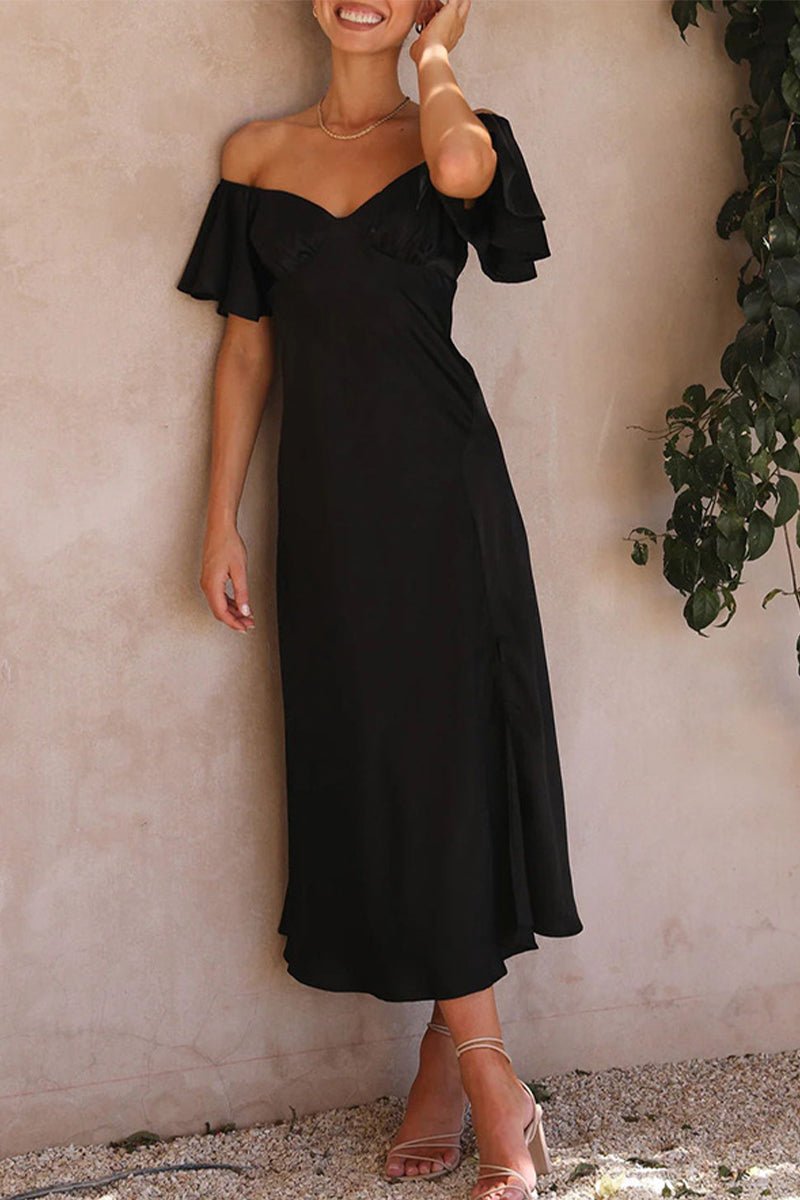 Women's Satin Off-Shoulder Ruffled Midi Formal Dress