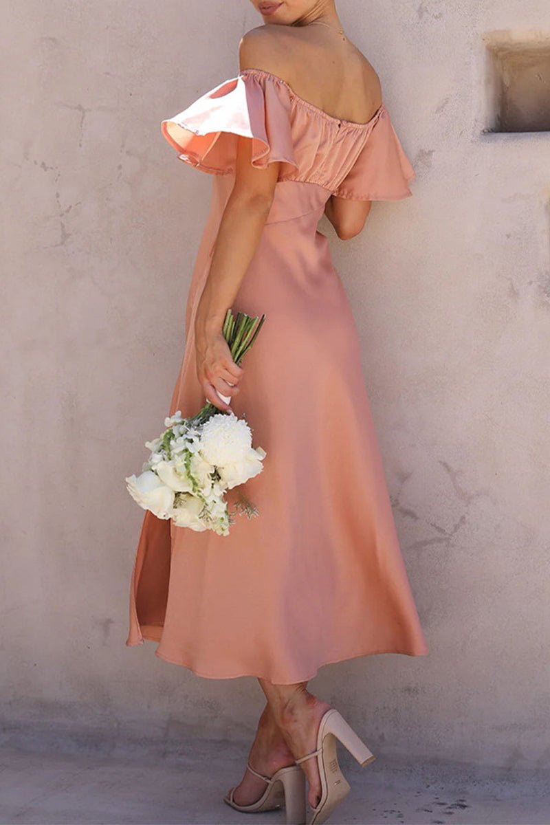 Women's Satin Off-Shoulder Ruffled Midi Formal Dress