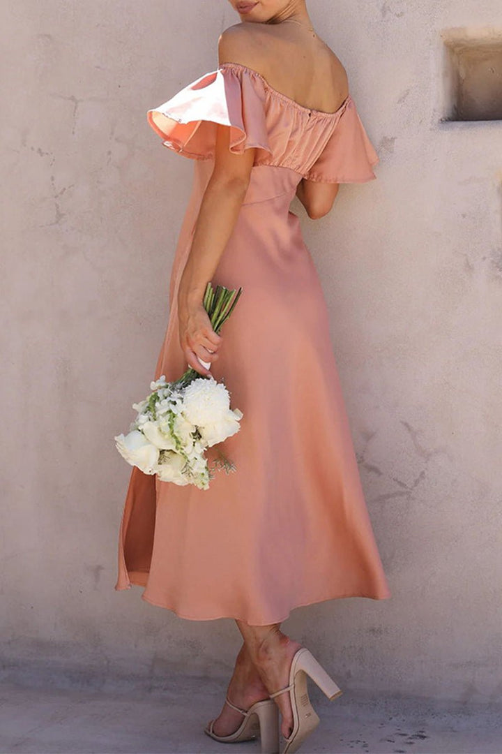 Women's Satin Off-Shoulder Ruffled Midi Formal Dress