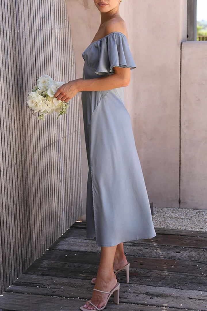 Women's Satin Off-Shoulder Ruffled Midi Formal Dress
