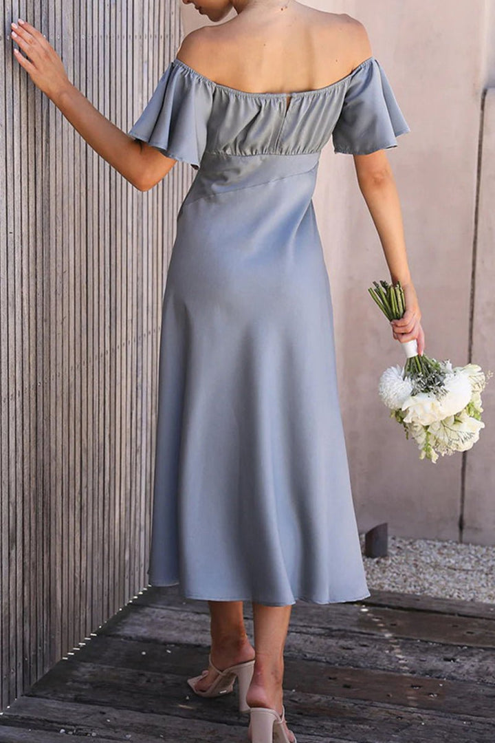 Women's Satin Off-Shoulder Ruffled Midi Formal Dress