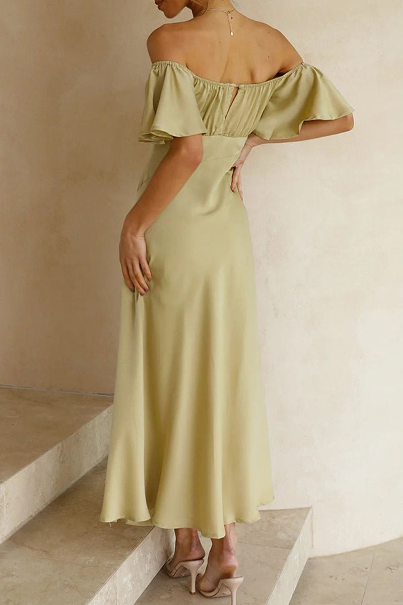 Women's Satin Off-Shoulder Ruffled Midi Formal Dress