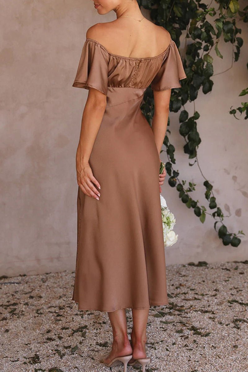 Women's Satin Off-Shoulder Ruffled Midi Formal Dress