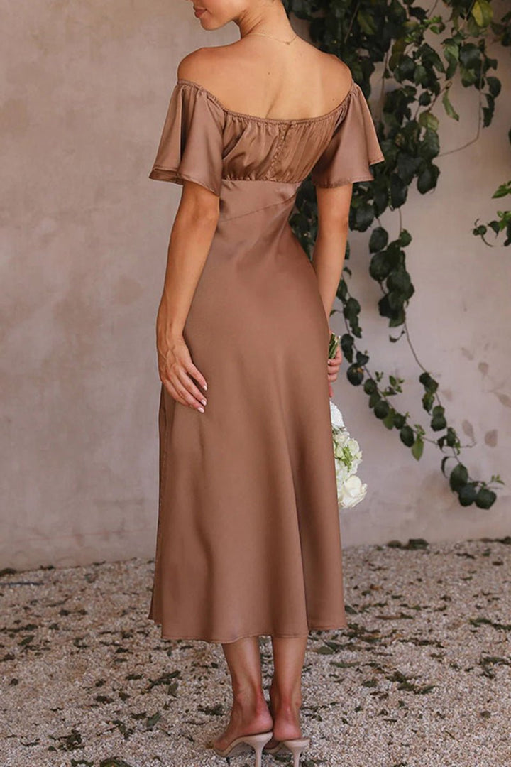 Women's Satin Off-Shoulder Ruffled Midi Formal Dress
