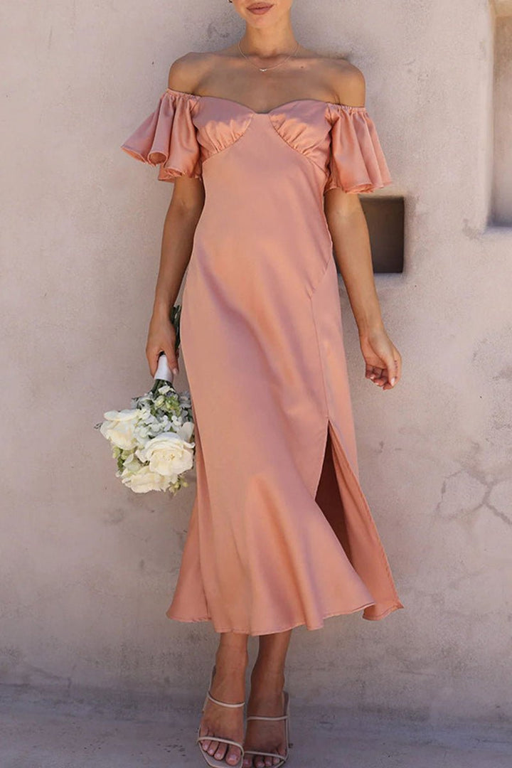 Women's Satin Off-Shoulder Ruffled Midi Formal Dress