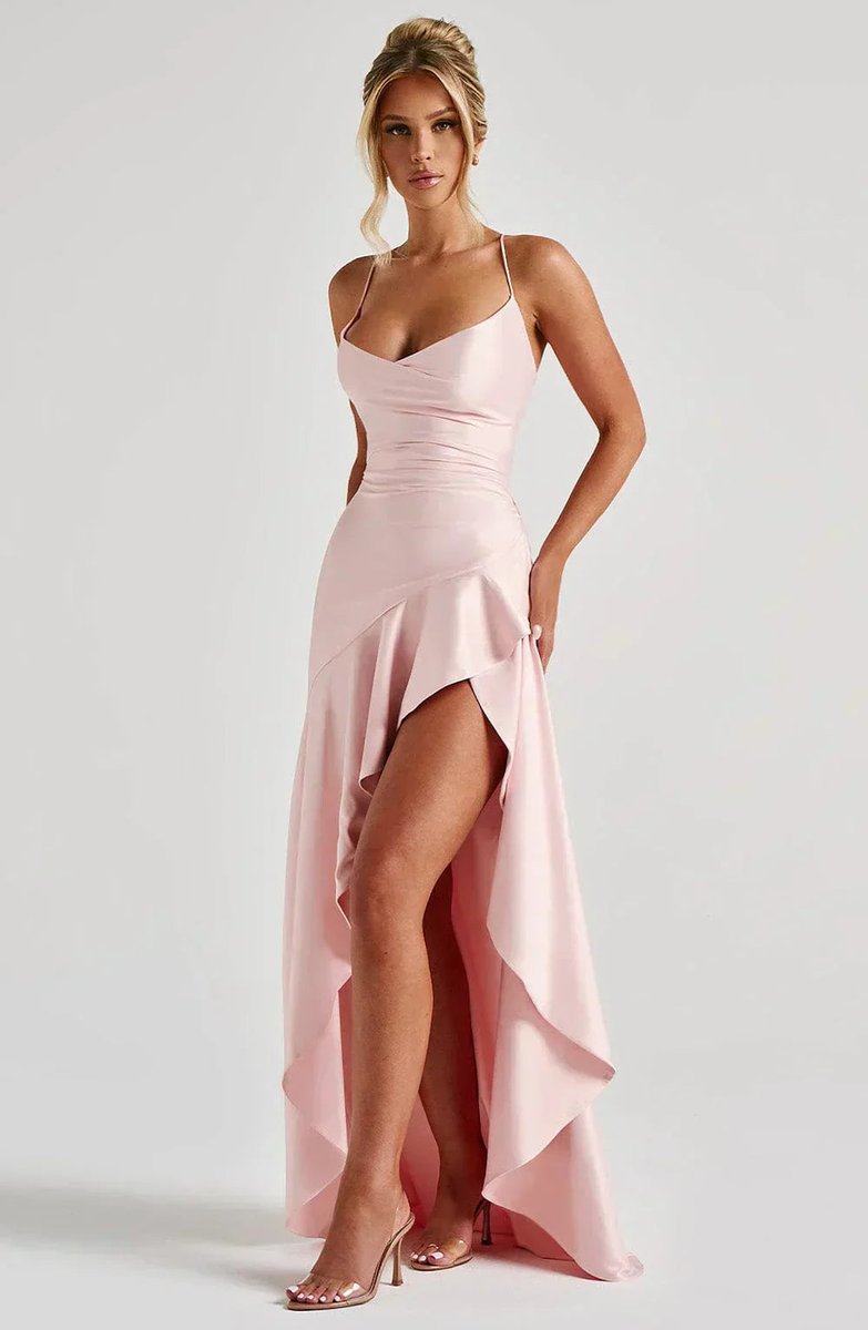 Women's Satin Ruffle Maxi Fall Wedding Guest Dress Lace-Up Back