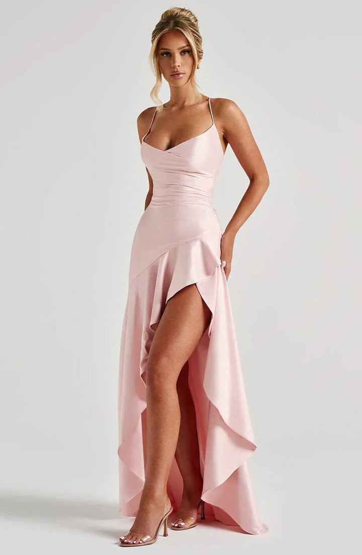 Women's Satin Ruffle Maxi Fall Wedding Guest Dress Lace-Up Back