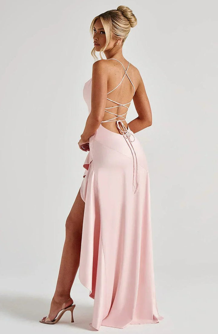 Women's Satin Ruffle Maxi Fall Wedding Guest Dress Lace-Up Back