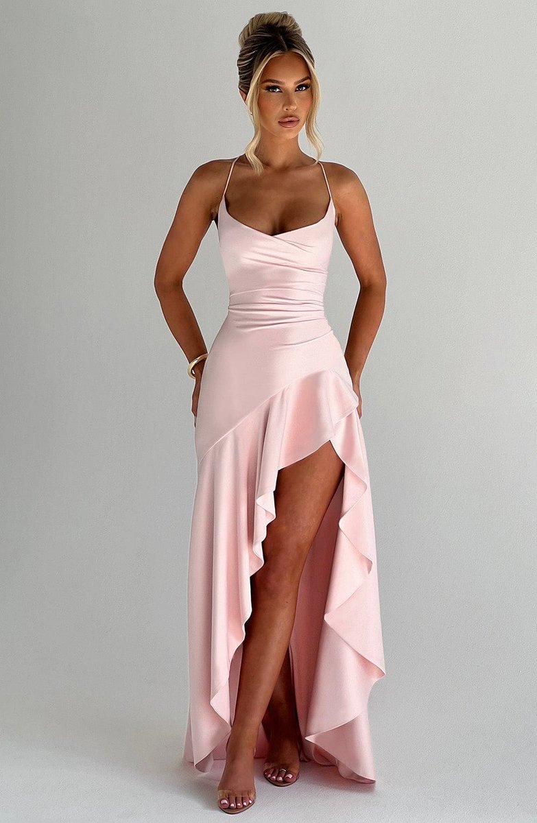 Women's Satin Ruffle Maxi Fall Wedding Guest Dress Lace-Up Back
