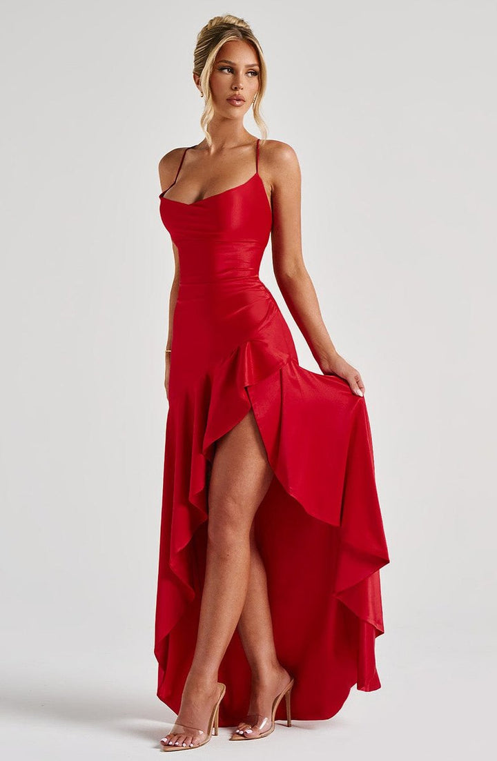 Women's Satin Ruffle Maxi Fall Wedding Guest Dress Lace-Up Back