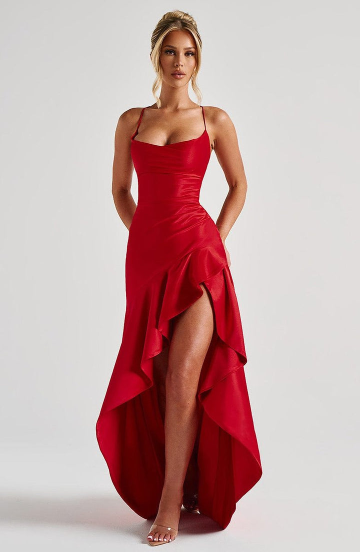 Women's Satin Ruffle Maxi Fall Wedding Guest Dress Lace-Up Back