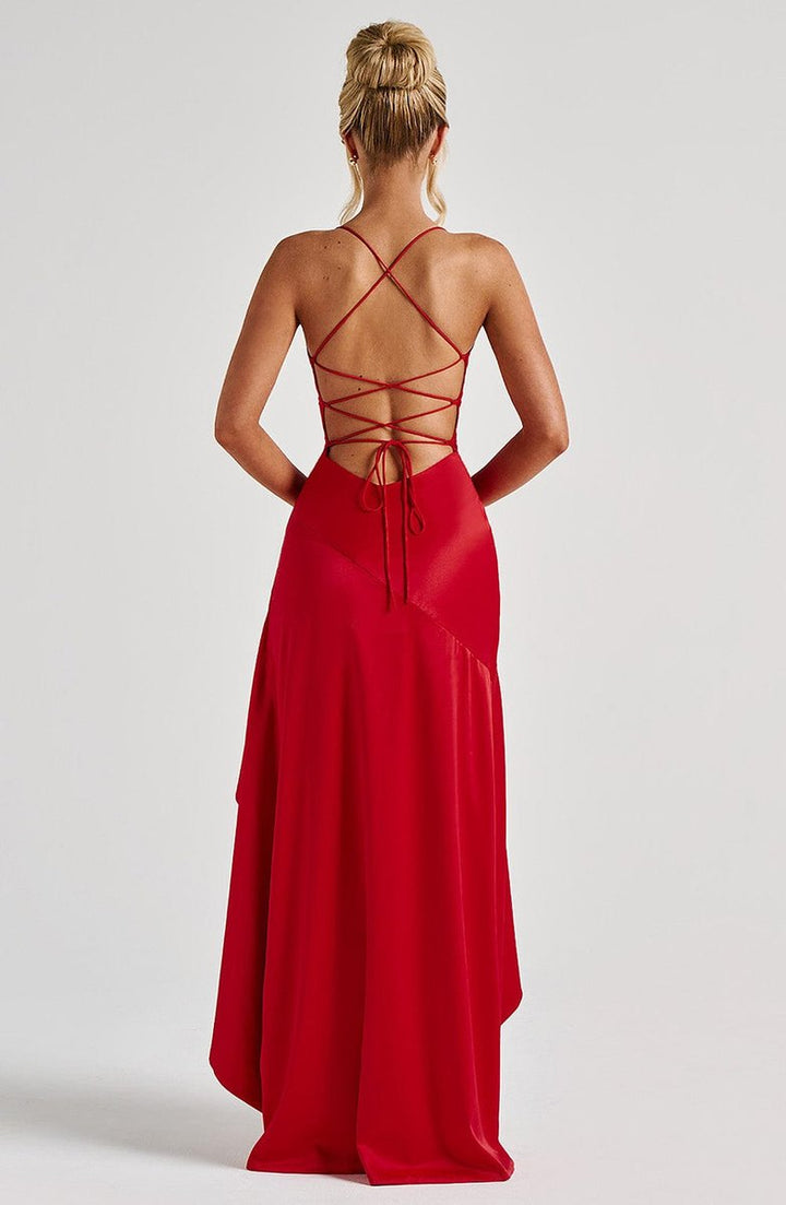 Women's Satin Ruffle Maxi Fall Wedding Guest Dress Lace-Up Back