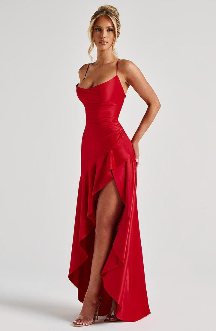 Women's Satin Ruffle Maxi Fall Wedding Guest Dress Lace-Up Back