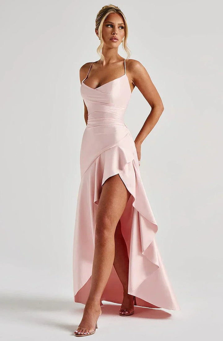 Women's Satin Ruffle Maxi Fall Wedding Guest Dress Lace-Up Back