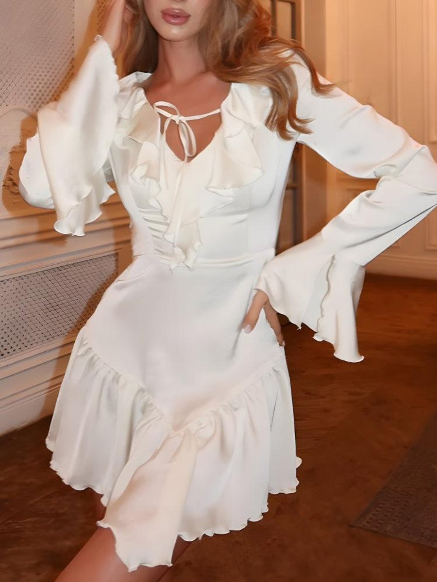 Women's Satin Ruffled Bell-Sleeve Fall Wedding Guest Dress