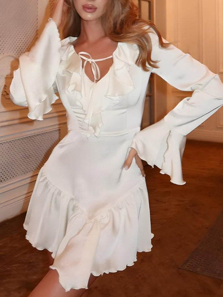 Women's Satin Ruffled Bell-Sleeve Fall Wedding Guest Dress