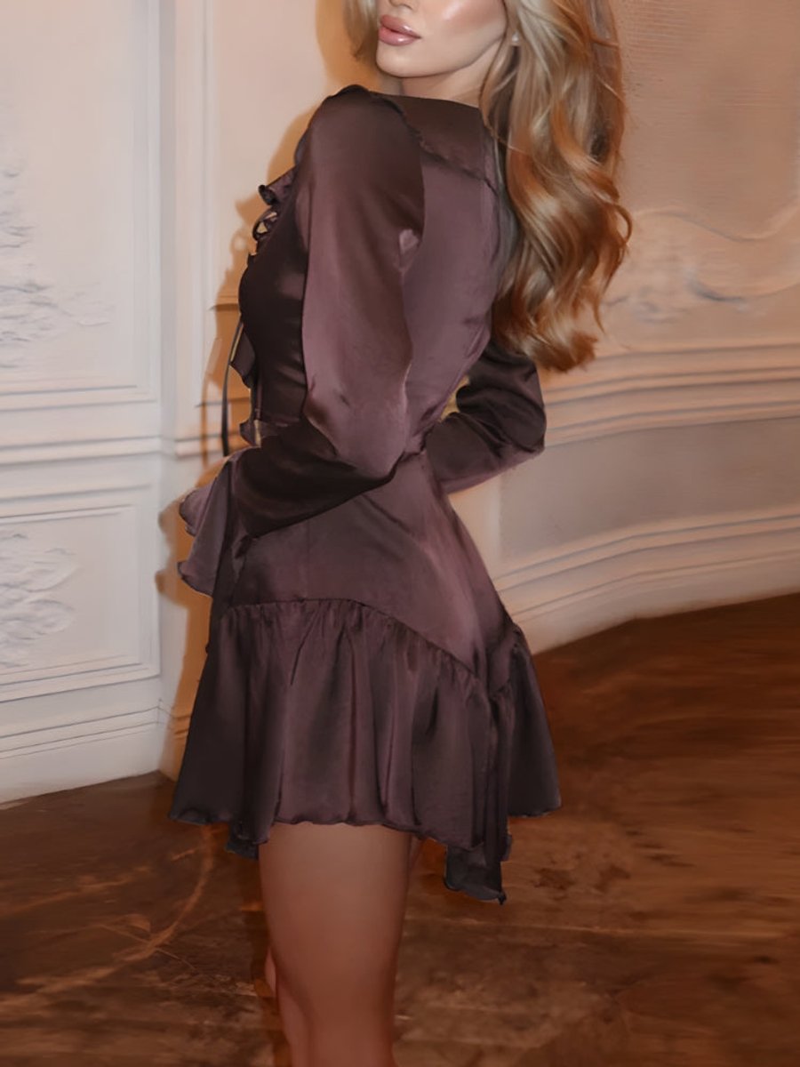 Women's Satin Ruffled Bell-Sleeve Fall Wedding Guest Dress
