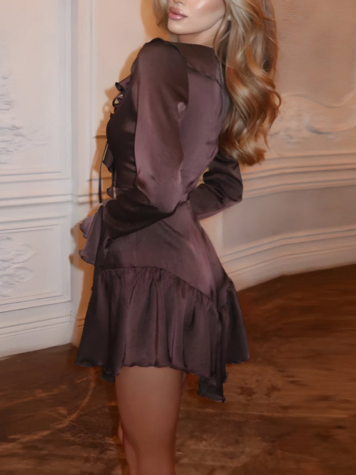 Women's Satin Ruffled Bell-Sleeve Fall Wedding Guest Dress