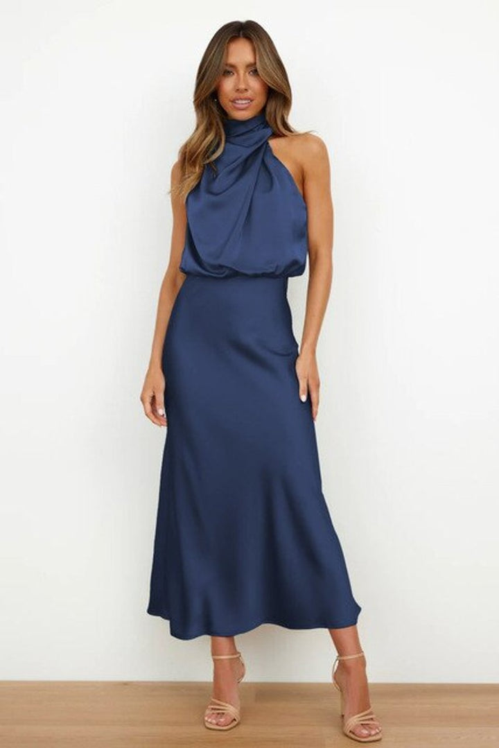 Women's Satin Sleeveless Halter Neck Fall Midi Dress