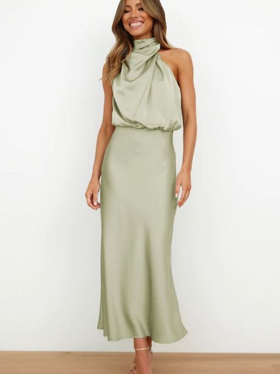Women's Satin Sleeveless Halter Neck Fall Midi Dress