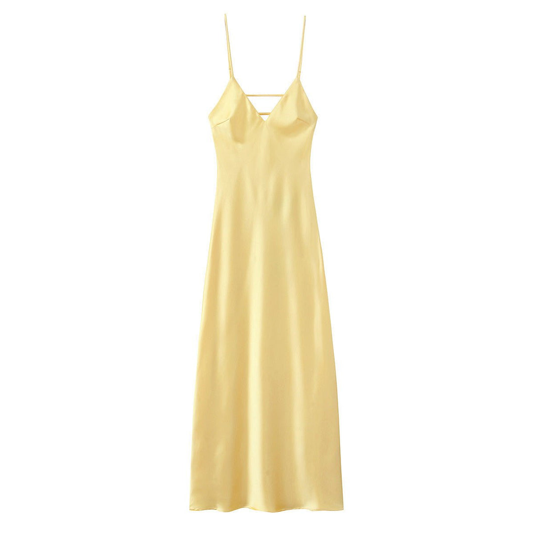Women's Satin Slip Fall Midi Dress V-Neck Spaghetti Strap