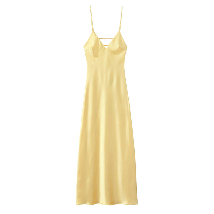 Women's Satin Slip Fall Midi Dress V-Neck Spaghetti Strap