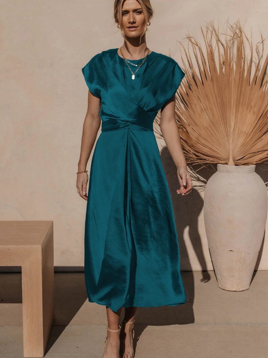 Women's Satin Twist-Waist Elegant Fall Midi Dress