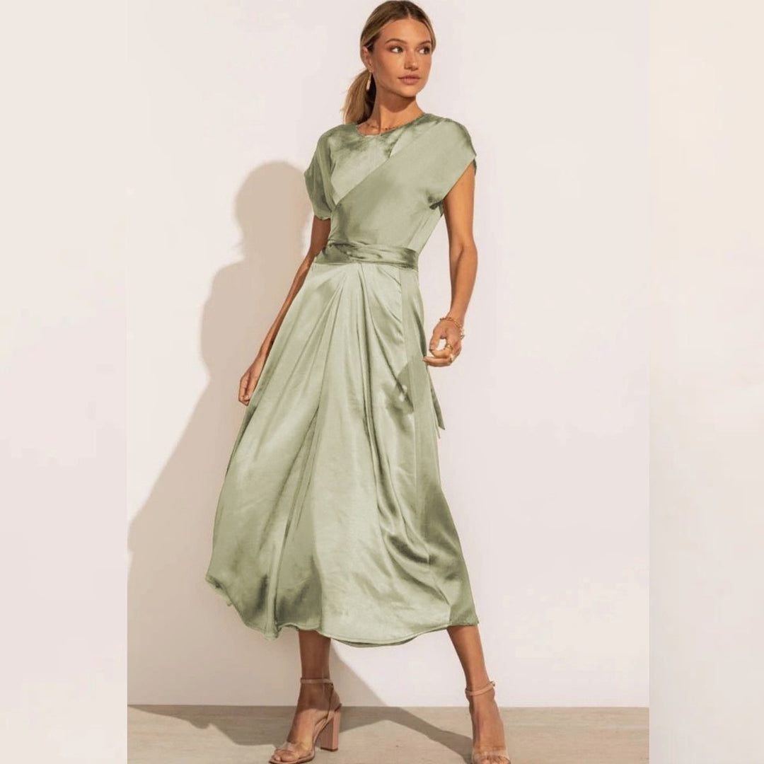 Women's Satin Twist-Waist Elegant Fall Midi Dress