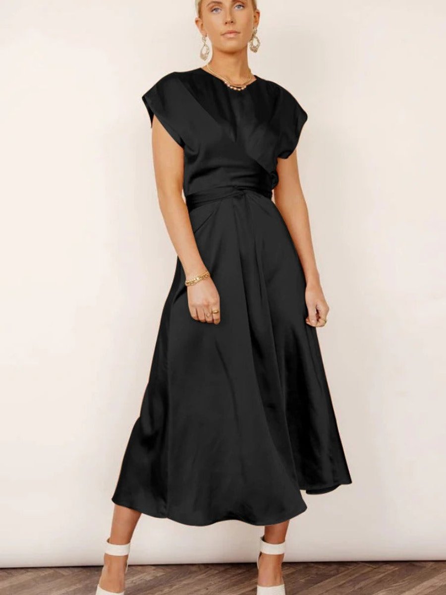 Women's Satin Twist-Waist Elegant Fall Midi Dress