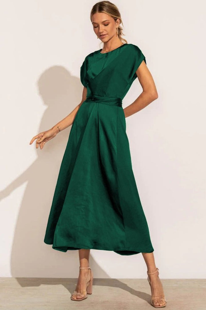 Women's Satin Twist-Waist Elegant Fall Midi Dress