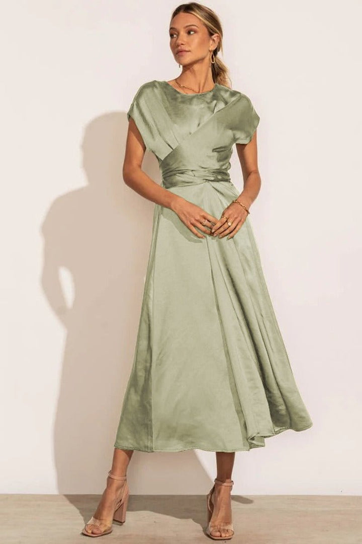 Women's Satin Twist-Waist Elegant Fall Midi Dress