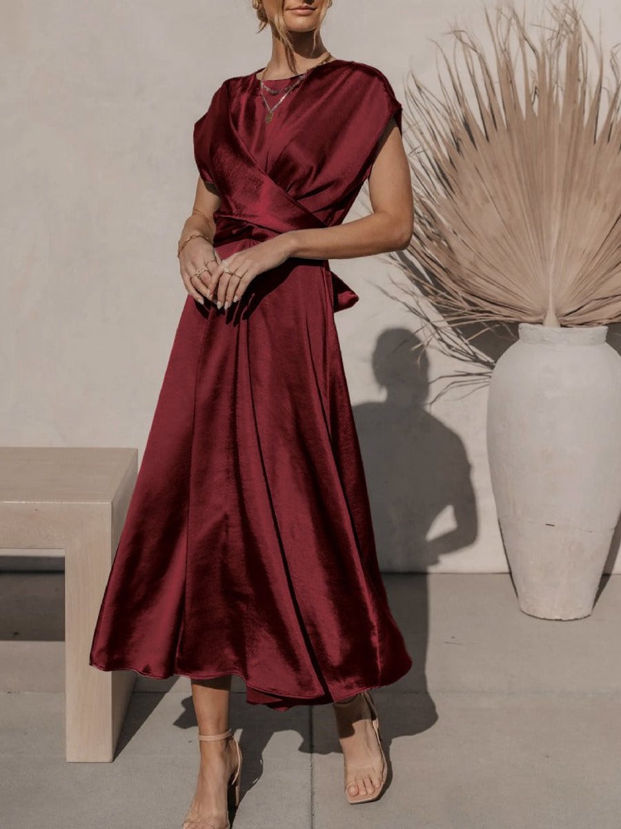 Women's Satin Twist-Waist Elegant Fall Midi Dress