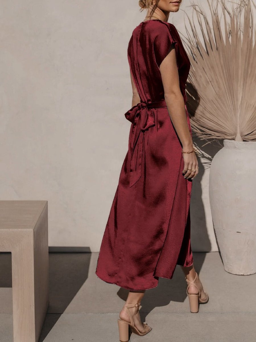 Women's Satin Twist-Waist Elegant Fall Midi Dress