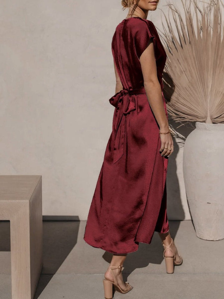 Women's Satin Twist-Waist Elegant Fall Midi Dress