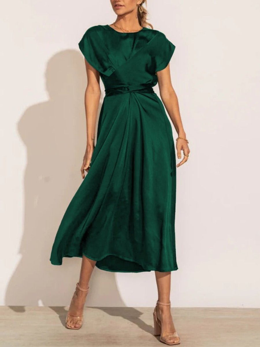 Women's Satin Twist-Waist Elegant Fall Midi Dress