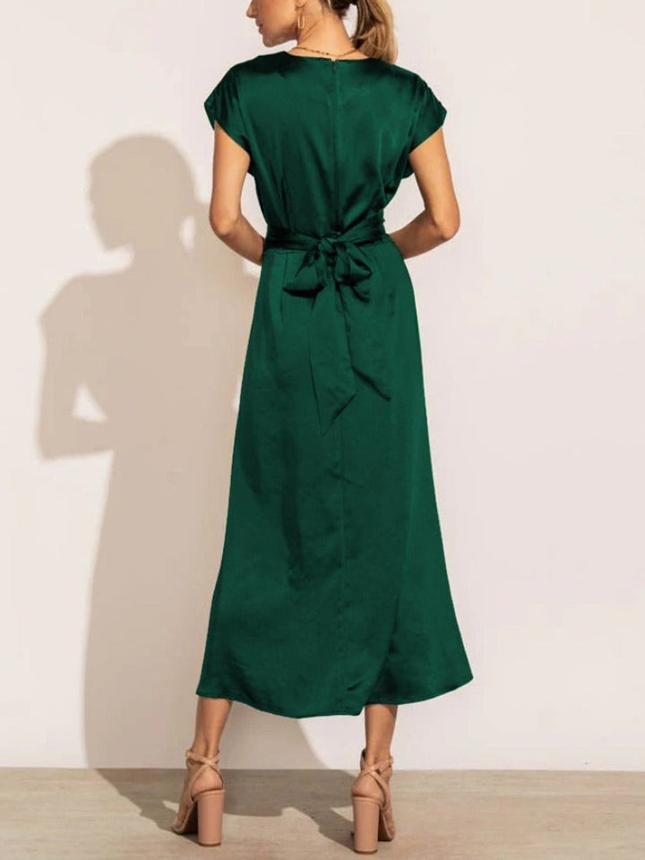 Women's Satin Twist-Waist Elegant Fall Midi Dress