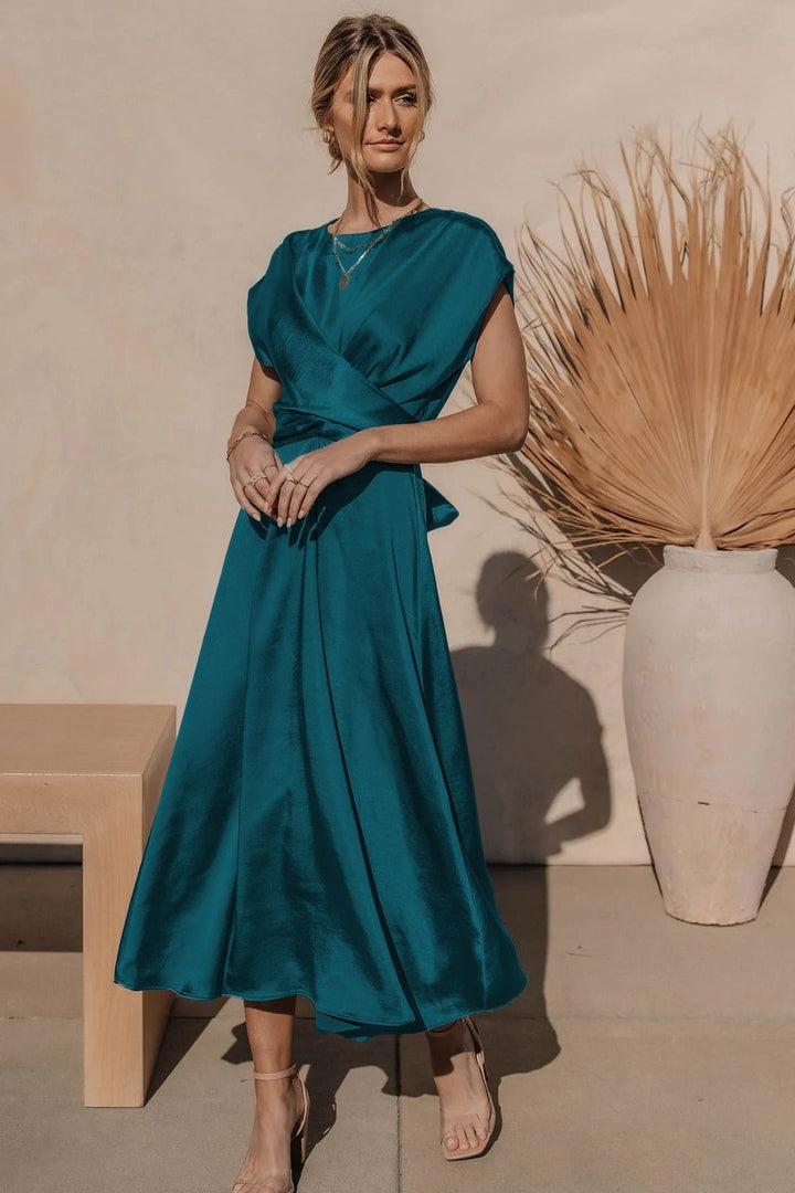 Women's Satin Twist-Waist Elegant Fall Midi Dress