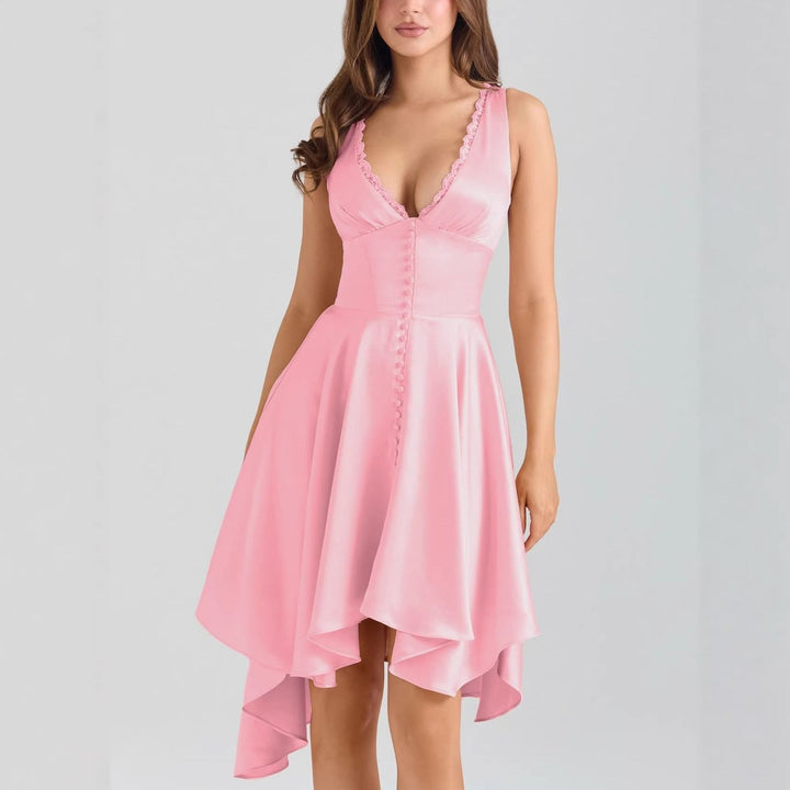 Women's Satin V-Neck Asymmetric Hem Midi Formal Dress